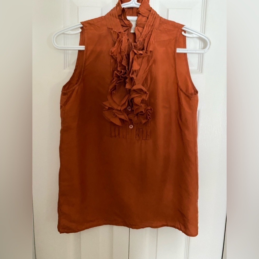 J. Crew 100% silk sleeveless ruffle blouse  in burnt orange color SIZE 0 EUC